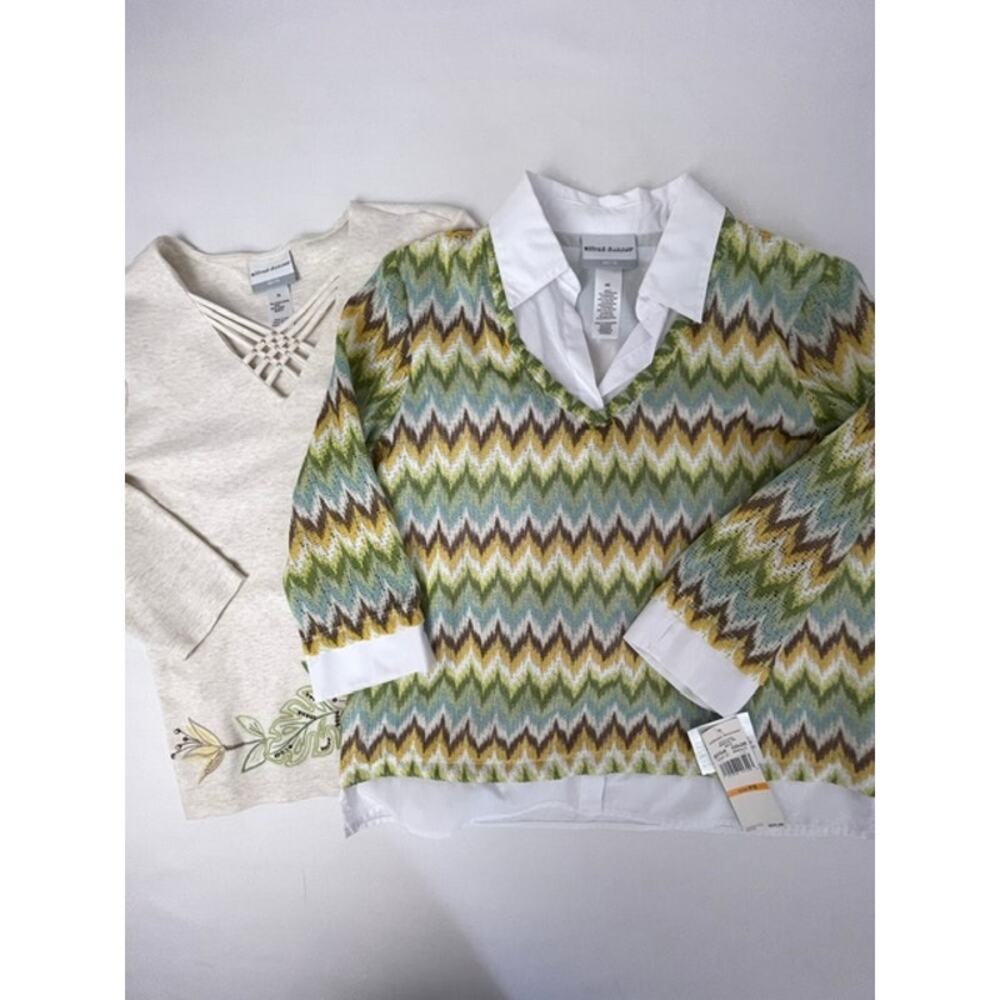 Alfred Dunner Petite Two Coordinate Sweater Top Bundle PS NWT Floral Chevron Set